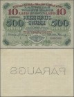 Latvia: Latvijas Banka 10 Latu overprint on 500 Rubli 1920 front SPECIMEN, P.13s1 with perforation ”PARAUGS” and serial number D000000, highly rare no...