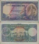 Latvia: Latvijas Bankas 500 Latu 1929 SPECIMEN, P.19s with red overprint ”PARAUGS”, punch hole cancellation and serial number A000000, extraordinary r...