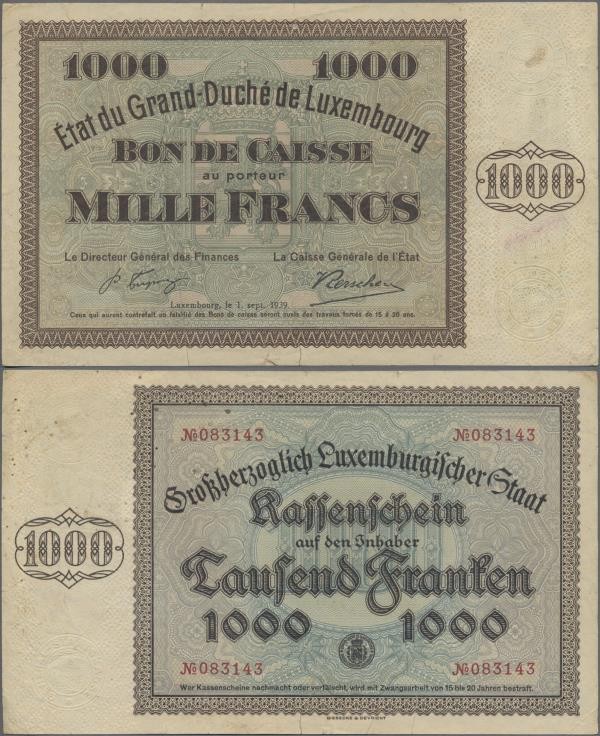 Luxembourg: État du Grand-Duché Grand Duché de Luxembourg 1000 Francs 1939 (1940...