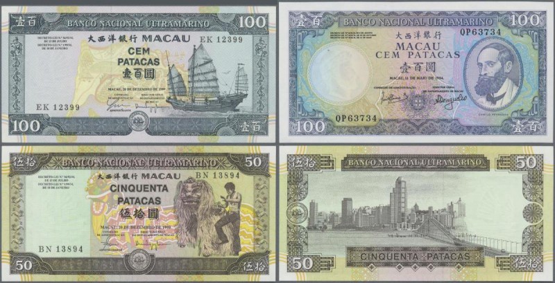 Macau: Banco Nacional Ultramarino set with 3 banknotes 100 Patacas 1984 P.61b (U...