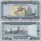 Macau: Banco Nacional Ultramarino 100 Patacas 1992 SPECIMEN, P.68s with red overprint ”Especime” and serial number AA00000 in perfect UNC condition. R...