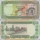 Macau: Banco Nacional Ultramarino 500 Patacas 1990 SPECIMEN, P.69s with red overprint ”Especime” and serial number AA00000 in perfect UNC condition. R...