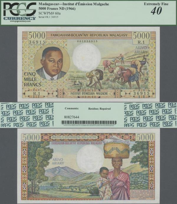 Madagascar: Institut d'Émission Malgache 5000 Francs ND(1966), P.60a, tiny repai...