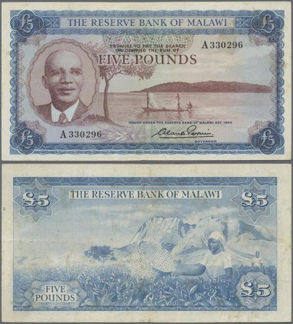 Malawi: Reserve Bank of Malawi 5 Pounds L.1964, P.4, very popular and rare bankn...