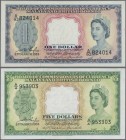 Malaya & British Borneo: Board of Commissioners of Currency set with 3 banknotes of the 1953 series with 1 Dollar P.1 (aUNC(UNC), 5 Dollars P.2 (VF+) ...