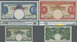 Malaya: Board of Commissioners of Currency, very nice set with 3 banknotes of the 1941 series with 1 Dollar P.11 (aUNC), 5 Dollars P.12 (PMG 30 Very F...