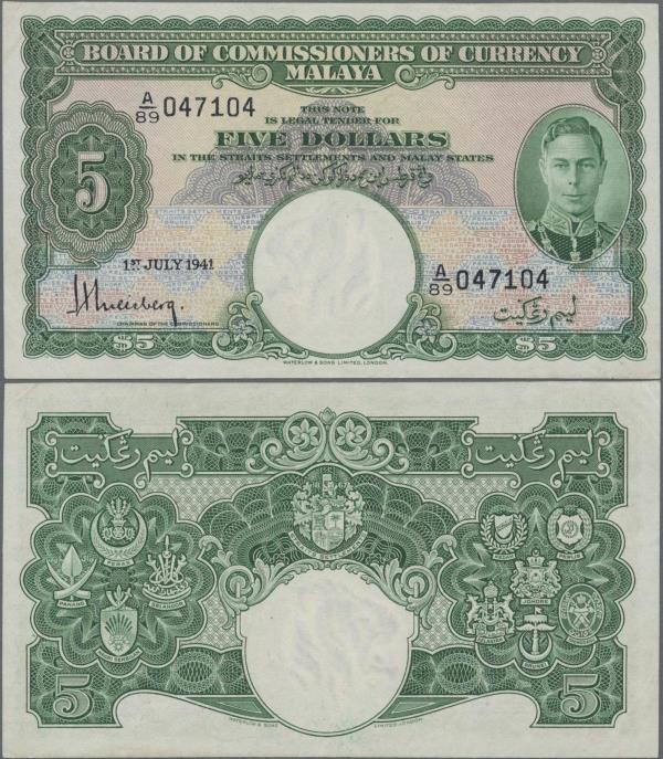 Malaya: Board of Commissioners of Currency 5 Dollars 1941, P.12, almost perfect ...