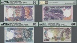 Malaysia: Bank Negara Malaysia set with 3 banknotes 20 Ringgit ND(1989) P.30 PMG 66 EPQ, 50 Ringgit ND(1991-92) P.31A PMG 64 Choice Uncirculated and 1...