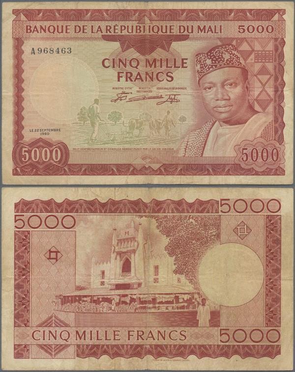 Mali: Banque de la République du Mali 5000 Francs 1960 (1967), P.10, lightly sta...