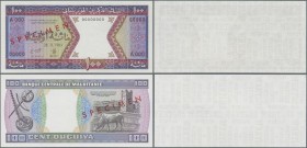 Mauritania: 100 Ouguiya 1983 front and reverse Specimen with red overprint ”SPECIMEN” and additional text ”WERTLOS GIESECKE & DEVRIENT” on the blank p...
