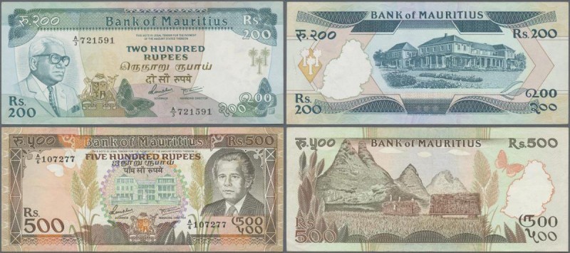 Mauritius: Pair with 500 Rupees ND(1988) P.40b (VF+) and 200 Rupees ND(1985) P.3...