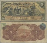 Mexico: Banco del Estado de México 5 Pesos 1907, P.S329c, almost well worn condition with small border tears and stains. Condition: VG/F-
 [differenz...