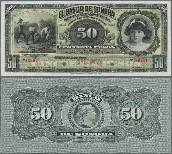 Mexico: El Banco de Sonora 50 Pesos 1899-1911 SPECIMEN, P.S422s, punch hole canc...