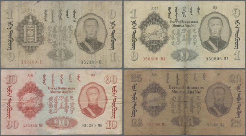 Mongolia: Nice and rare set with 4 Banknotes including 1 Tugrik 1939, 1, 10 and ...