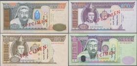 Mongolia: Highly Rare Specimen set with 9 banknotes comprising 10 and 20 Tugrik 2011 Specimen, 50 and 100 Tugrik 2008 Specimen, 500, 1000 and 5000 Tug...