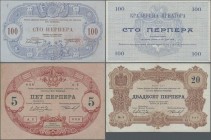 Montenegro: Complete set of the 25.07.1914 ”Large Arms on Back” issue with 1, 2, 5, 10, 20, 50 and 100 Perpera, P.15-21, all in about F+ to VF conditi...