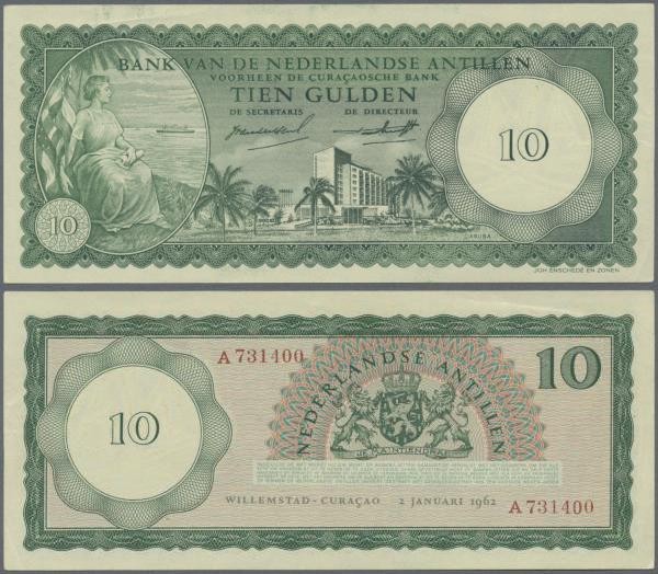 Netherlands Antilles: 10 Gulden 1962, P.2a, tiny dint at lower right and at uppe...