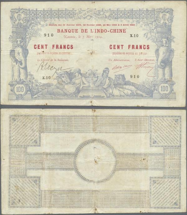 New Caledonia: 100 Francs 1914 Noumea Banque de l'Indochine P. 17, with block le...