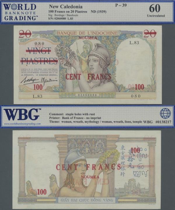 New Caledonia: Banque de l'Indo-Chine – NOUMEA 100 Francs overprint on 20 Piastr...