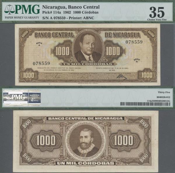 Nicaragua: Banco Central de Nicaragua 1000 Cordobas 1962, P.114a, highly rare an...