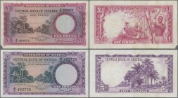 Nigeria: Federation of Nigeria pair with 5 Shillings 1958 P.2 (VF+) and 1 Pound 1958 P.4 (F, missing part at lower left). (2 pcs.)
 [differenzbesteue...