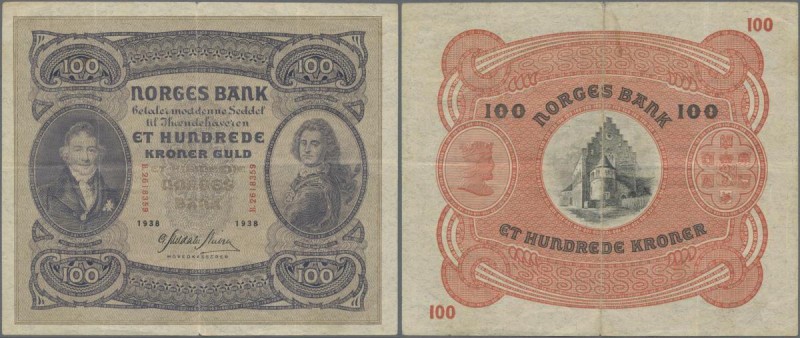 Norway: 100 Kroner 1938, P.10c, still nice with a few stronger folds and tiny te...