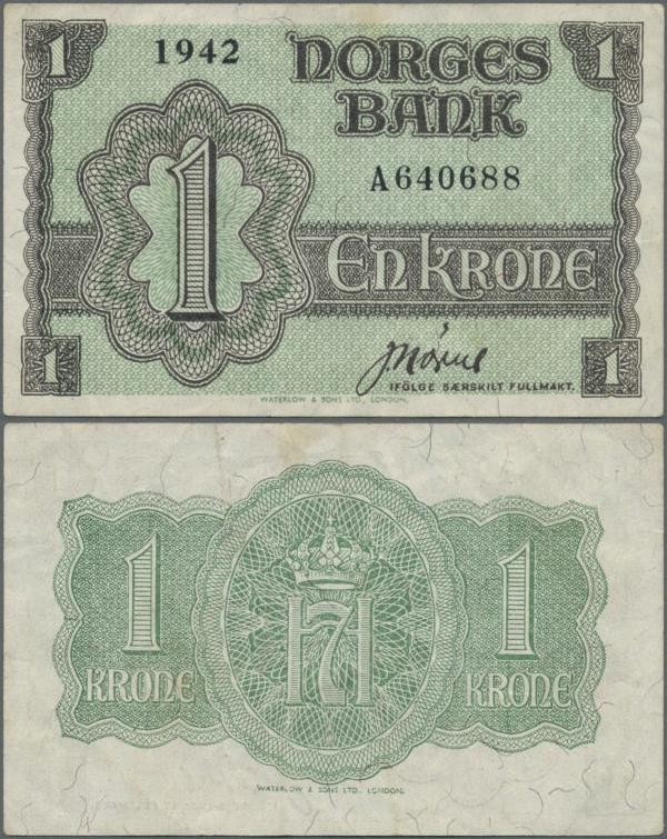 Norway: 1 Krone 1942 with prefix ”A”, P.17a with several soft folds and creases ...