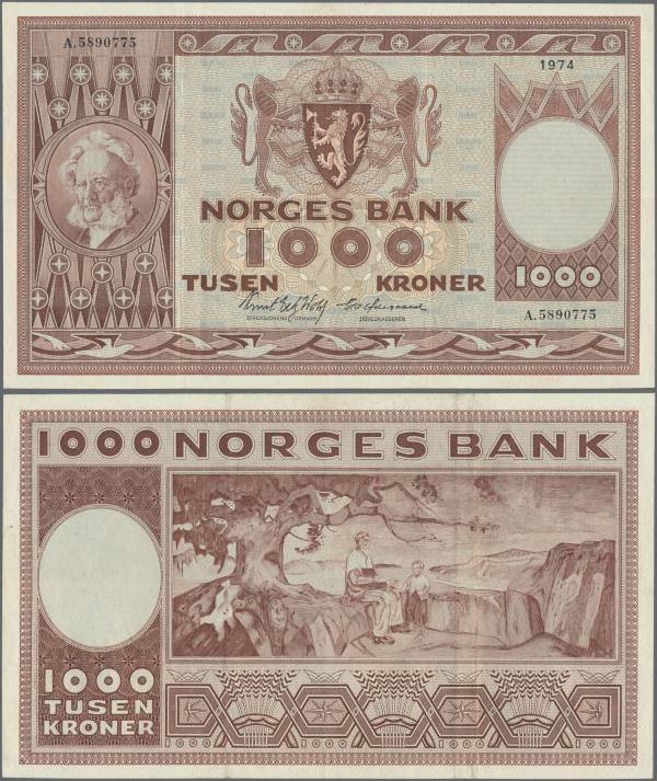 Norway: Norges Bank 1000 Kroner 1974, P.35, great original shape with very stron...