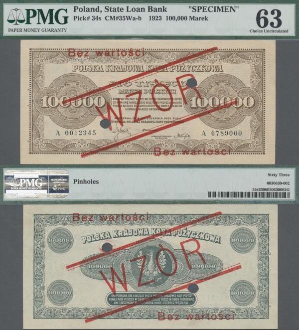 Poland: State Loan Bank 100.000 Marek 1923 SPECIMEN, P.34s with red overprint ”W...