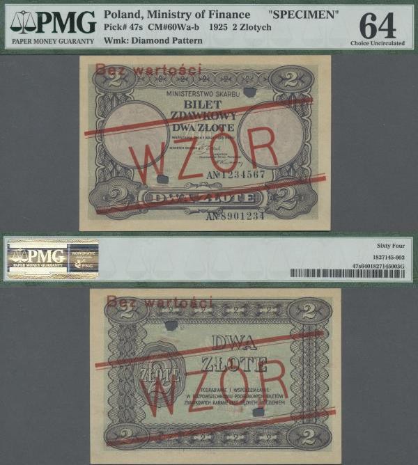 Poland: Ministry of Finance 2 Zlote 1925 SPECIMEN, P.47s with red overprint ”WZO...