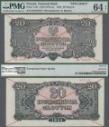 Poland: 20 Zlotych 1944 SPECIMEN, last word in text spelled as ”OBOWIAZKOWE”” (correct, Printer: Narodowy Bank Polski), P.113s, cross cancellation and...