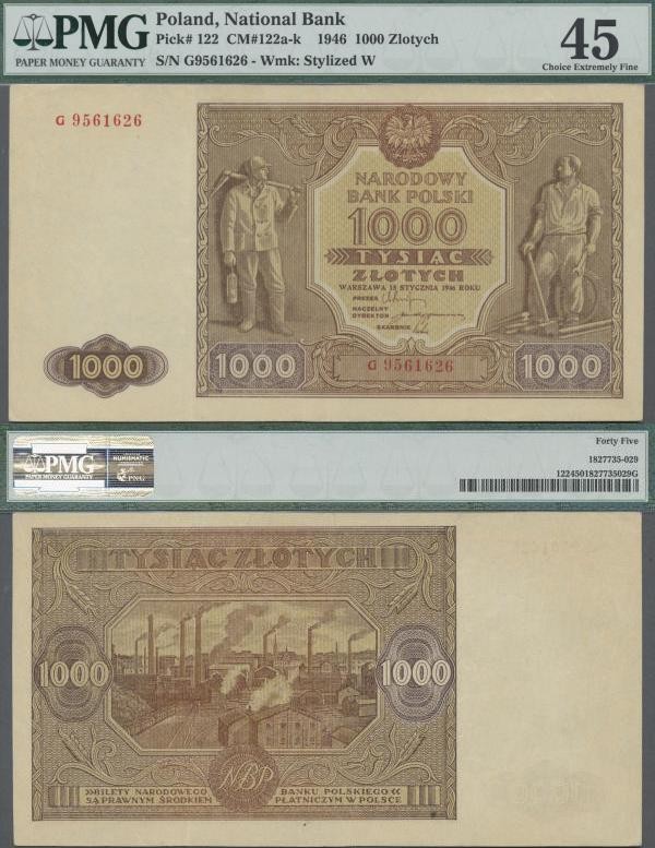 Poland: 1000 Zlotych 1946, P.122, serial number G9561626, PMG graded 45 Choice E...