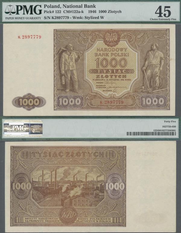 Poland: 1000 Zlotych 1946, P.122, serial number K2897779, PMG graded 45 Choice E...