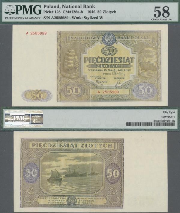 Poland: 50 Zlotych 1946, P.128, serial number A2585989, PMG graded 58 Choice Abo...