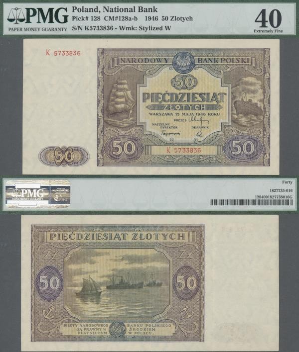 Poland: 50 Zlotych 1946, P.128, serial number K5733836, PMG graded 40 Extremely ...