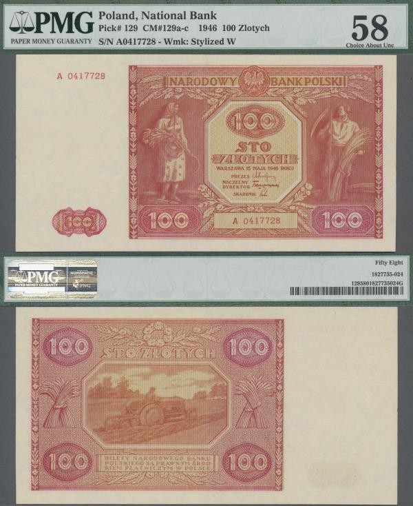 Poland: 100 Zlotych 1946, P.129, serial number A0417728, PMG graded 58 Choice Ab...