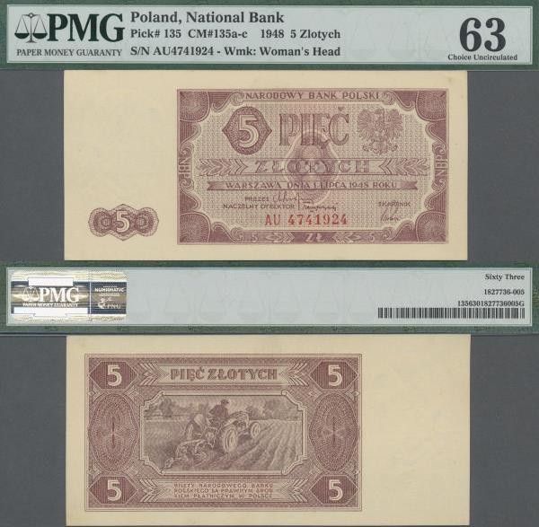 Poland: 5 Zlotych 1948, P.135, serial number AU 4741924, PMG graded 63 Choice Un...