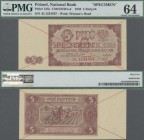 Poland: 5 Zlotych 1948 SPECIMEN, P.135s with cross cancellation, red overprint ”Specimen” and serial number AL1234567, PMG graded 64 Choice Uncirculat...