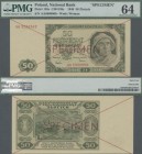 Poland: 50 Zlotych 1948 SPECIMEN, P.138s with cross cancellation, red overprint ”Specimen” and serial number AA1234567 and AA8900000, PMG graded 64 Ch...