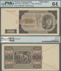 Poland: 500 Zlotych 1948 SPECIMEN, P.140s with cross cancellation, red overprint ”Specimen” and regular serial number, tiny pinhole at upper right, PM...