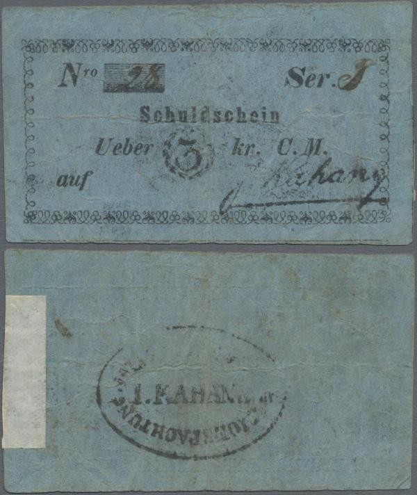 Poland: J. Kahane – Schuldschein über 3 Kreuzer 1849, P.NL (Podcziaski GA-019) i...