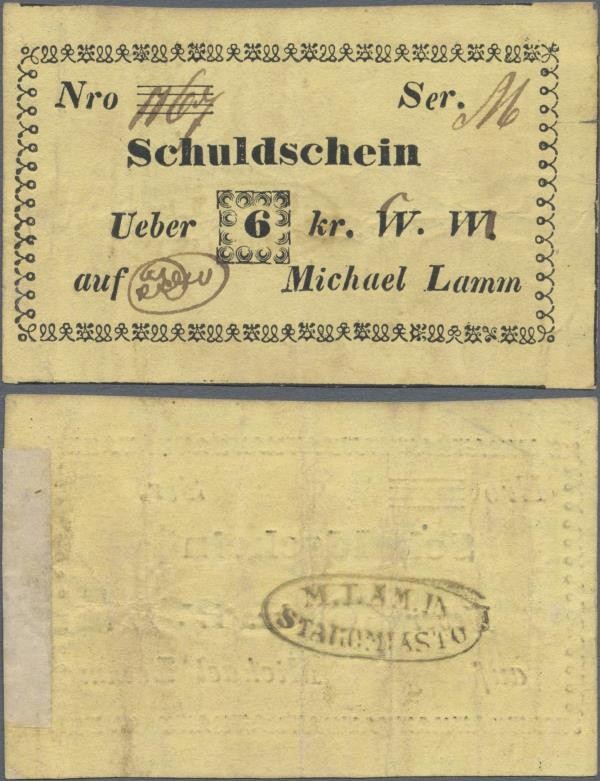 Poland: Staromiasto – Michael Lamm Schuldschein über 6 Kreuzer 1848, P.NL (Podcz...