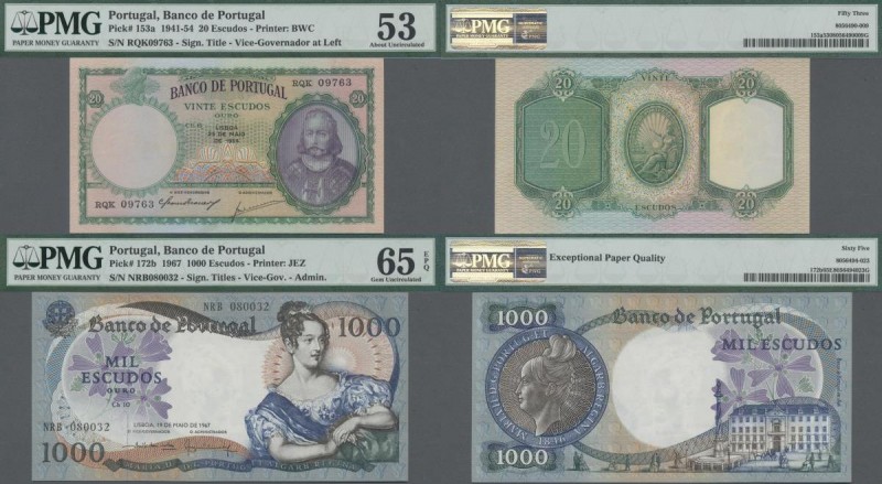 Portugal: Banco de Portugal pair with 20 Escudos 1954 P.153a PMG 53 and 1000 Esc...