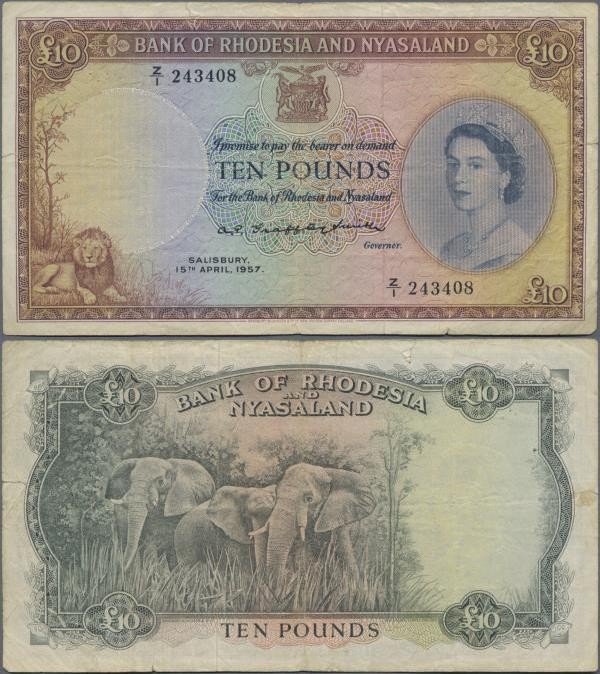 Rhodesia & Nyasaland: Bank of Rhodesia and Nyasaland 10 Pounds 1957, P.23a, high...