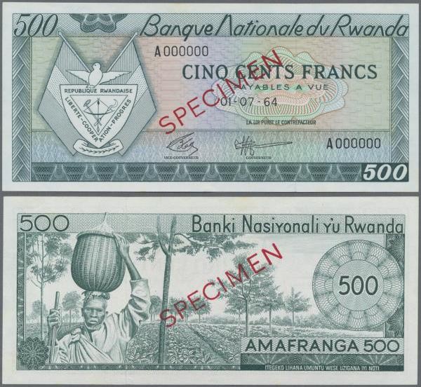 Rwanda: Banque Nationale du Rwanda 500 Francs 1964 SPECIMEN, P.9s in perfect UNC...