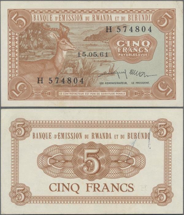 Rwanda-Burundi: Banque d'Émission du Rwanda et du Burundi 5 Francs 1961, P.1, ve...