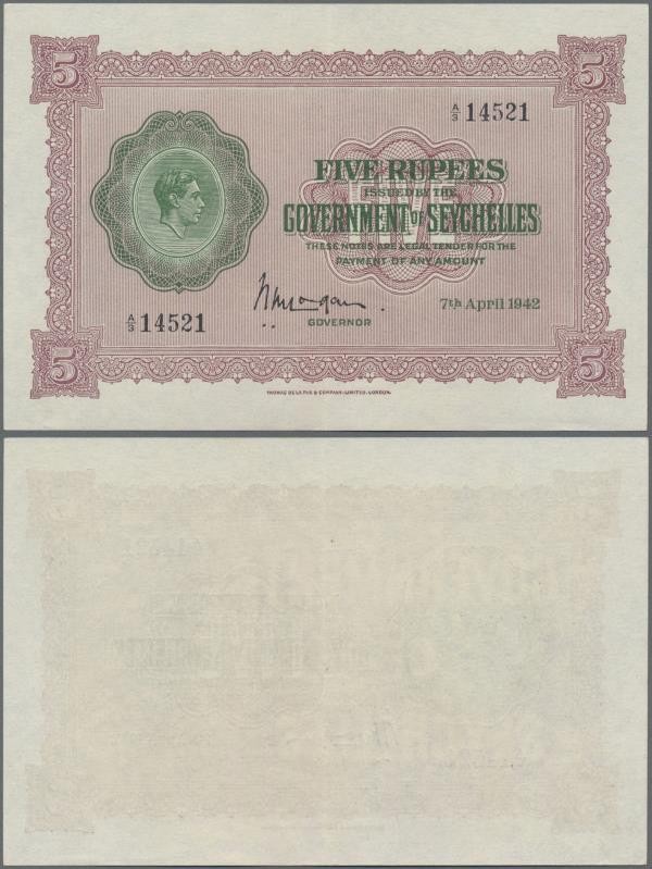 Seychelles: The Government of Seychelles 5 Rupees 1942, P.8, great original shap...