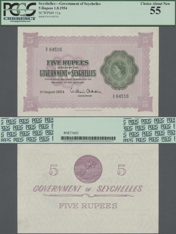 Seychelles: Government of Seychelles 5 Rupees 1954, P.11a, excellent original sh...