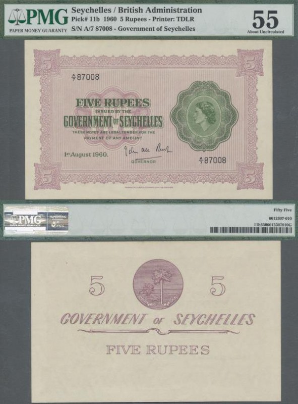 Seychelles: 5 Rupees 1960, P.11b, soft vertical bend at center and lightly toned...