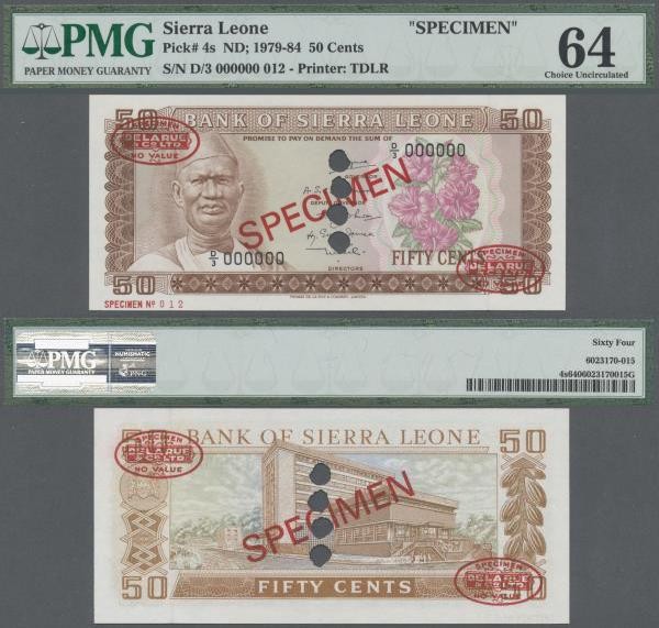 Sierra Leone: 50 Cents ND(1979-84) TDLR Specimen, P.4s with 4 larger cancellatio...